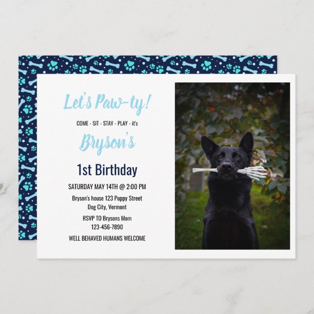Custom Dog Birthday Blue Paw Print Puppy Pet Invitation (Front/Back)