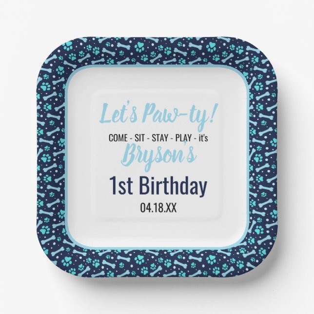 Custom Dog Birthday Blue Paw Print Puppy Pet Paper Plate (Front)