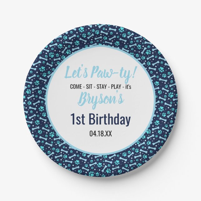Custom Dog Birthday Blue Paw Print Puppy Pet Paper Plate (Front)