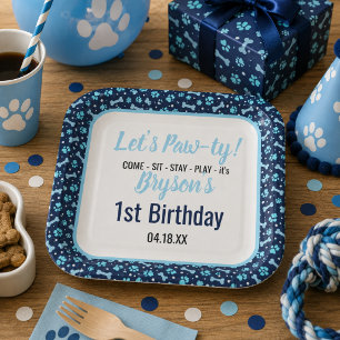 Custom Dog Birthday Blue Paw Print Puppy Pet Paper Plate