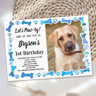 Custom Dog Birthday Blue Paw Print Puppy Pet Photo Invitation