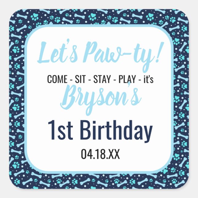 Custom Dog Birthday Blue Paw Print Puppy Pet Square Sticker (Front)