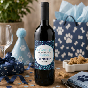 Custom Dog Birthday Blue Paw Print Puppy Pet Wine Label