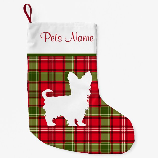 Custom Dog Breed Red & Green Plaid Small Christmas Stocking (Front)