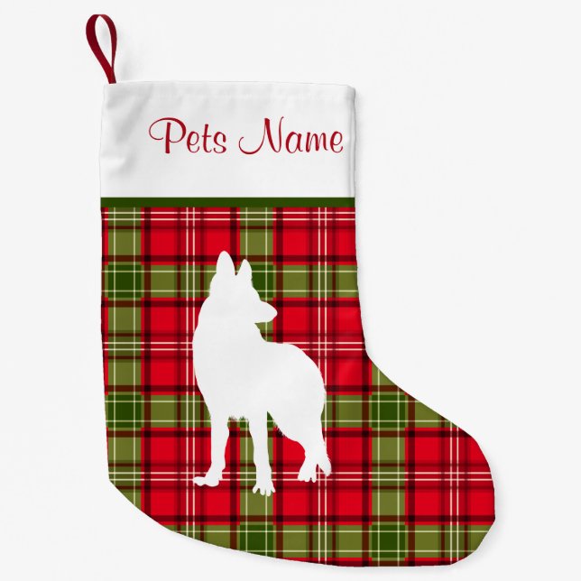 Custom Dog Breed Red & Green Plaid Small Christmas Stocking (Front)