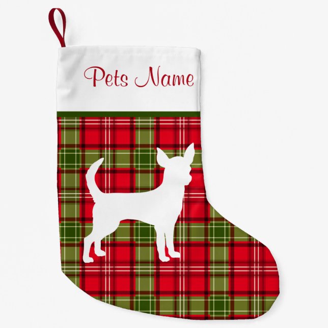 Custom Dog Breed Red & Green Plaid Small Christmas Stocking (Front)