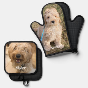 Custom dog cat pet photo and name personalised oven mitt & pot holder set