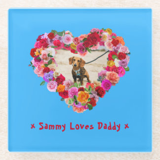 Custom Dog, Cat, Pet Photo Father's Day Rose Heart Glass Coaster