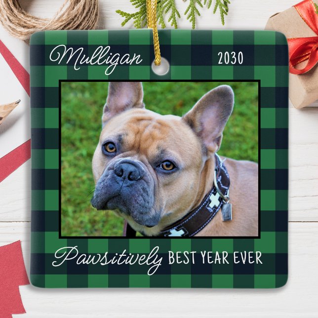 Custom Dog Christmas Green Plaid 2 Pet Photo Ceramic Ornament (Creator Uploaded)