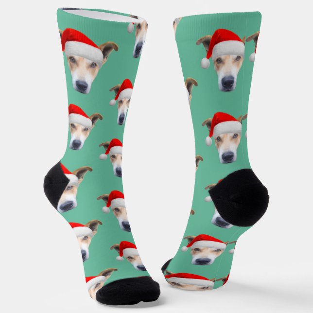 Custom Dog Face Pet Photo Teal Crew Socks (Angled)