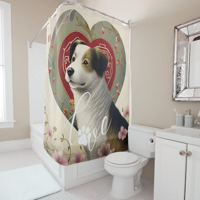 Custom Dog Love Paw Print Heart Photo Personalised Shower Curtain (In Situ)
