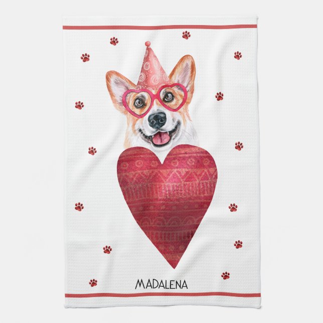 Custom Dog Lover Valentine Gift Corgi Tea Towel (Vertical)