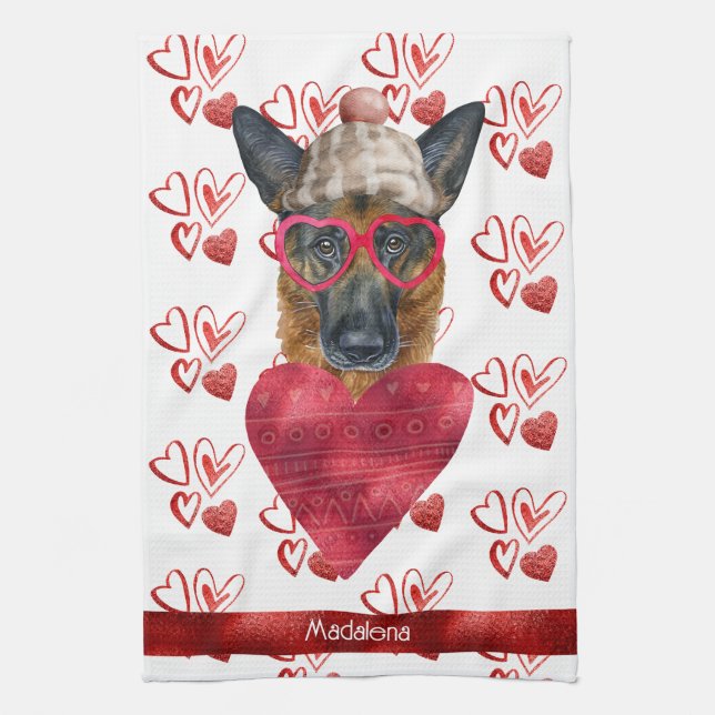 Custom Dog Lover Valentine Gift German Shepherd Tea Towel (Vertical)