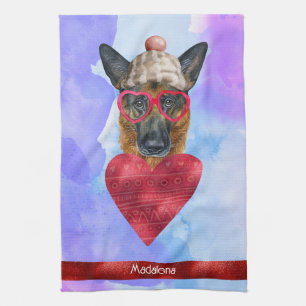 Custom Dog Lover Valentine Gift German Shepherd Tea Towel
