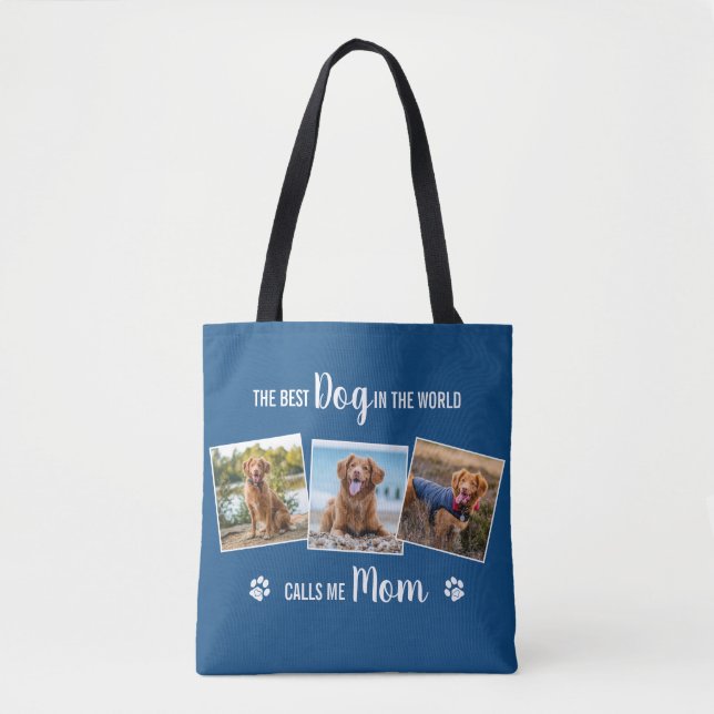 Custom Dog Mum Blue Photo Collage Tote Bag (Front)