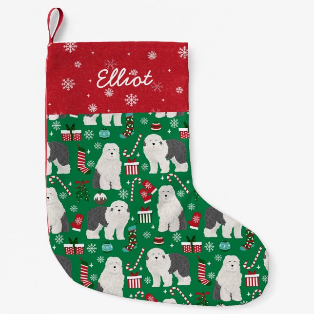 Custom Dog Name Old English Sheepdog Small Christmas Stocking (Front)