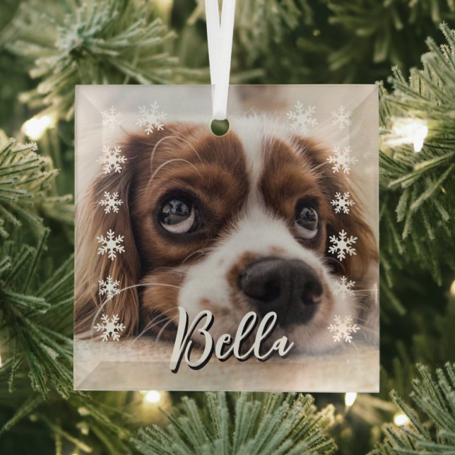Custom Dog Name Photo Snowflakes Christmas  Glass Tree Decoration (Insitu)