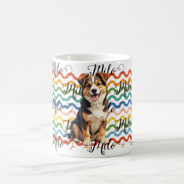 Custom Dog Name Retro Colourful Waves Personalised Coffee Mug (Center)