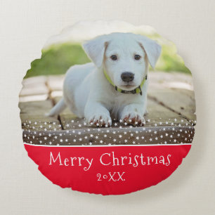 Custom Dog Pet Photo Christmas Holiday Keepsake  Round Cushion