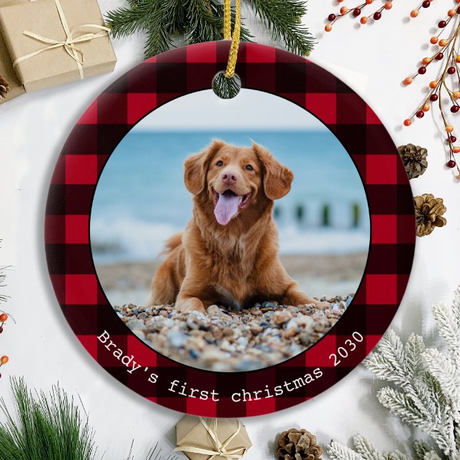 Custom Dog Pet Photo Christmas Red Buffalo Plaid  Ceramic Tree Decoration (Creator Uploaded)