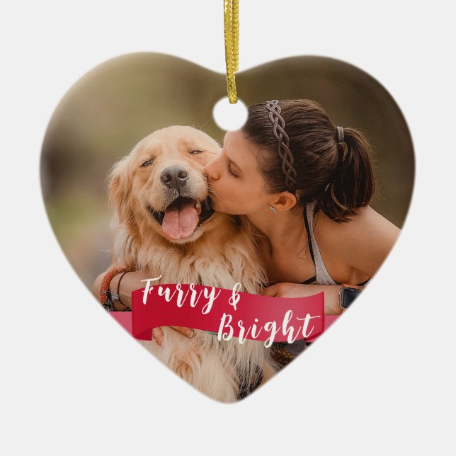 Custom Dog Photo 2-sided Happy Pawlidays Red Ceramic Tree Decoration (Front)