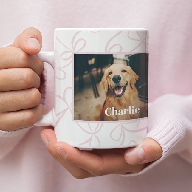 Custom Dog Photo and Name Light Pink Bow Pattern  Coffee Mug (Creator Uploaded)