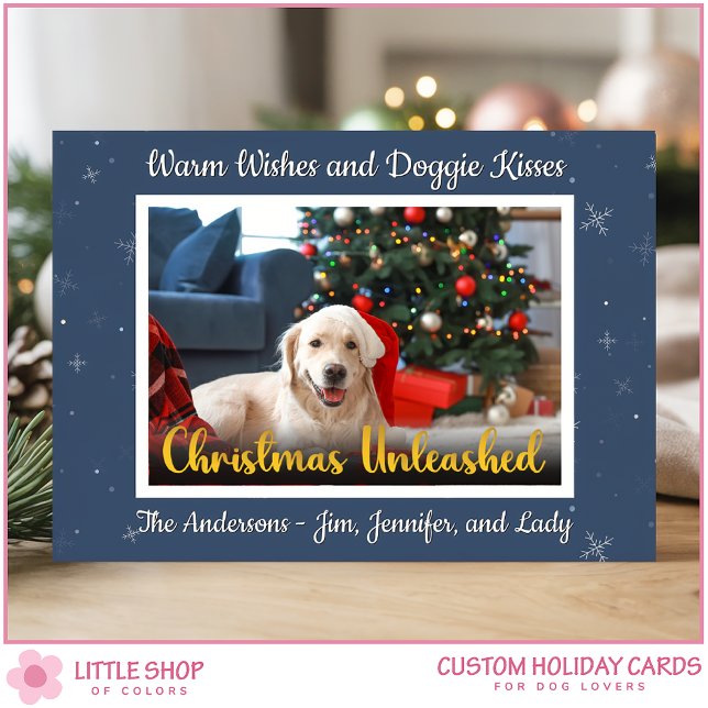 Custom Dog Photo Christmas Unleashed Holiday Card (Creator Uploaded)