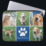 Custom Dog Photo Collage Blue Pet Paw Print Cute Laptop Sleeve<br><div class="desc">This beautiful custom dog photo collage laptop sleeve is personalised with adorable pictures of your sweet pup. Customise this chic gift with your favourite 5 pet photographs around a cute blue square with a pretty white paw print and your dog's name in the centre.</div>