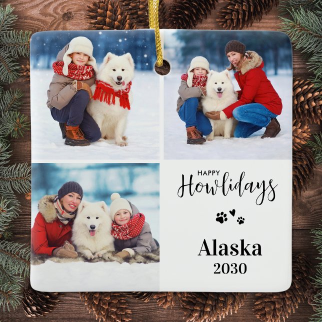 Custom Dog Photo Collage Christmas Happy Howlidays Ceramic Ornament (Creator Uploaded)