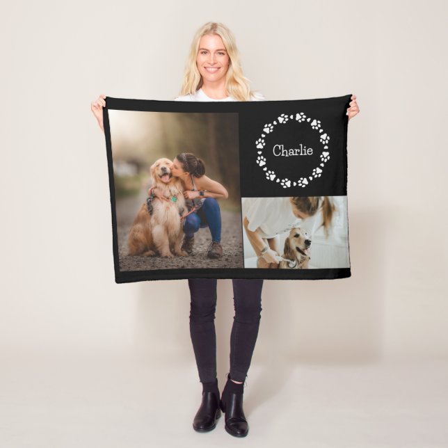 Custom Dog Photo Collage Custom Name Paw Print Fleece Blanket (In Situ)