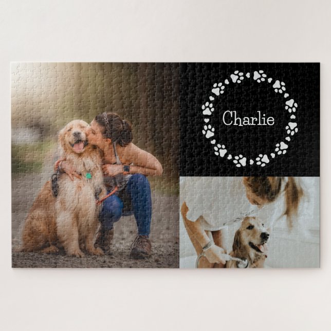 Custom Dog Photo Collage Custom Name Paw Print  Jigsaw Puzzle (Horizontal)