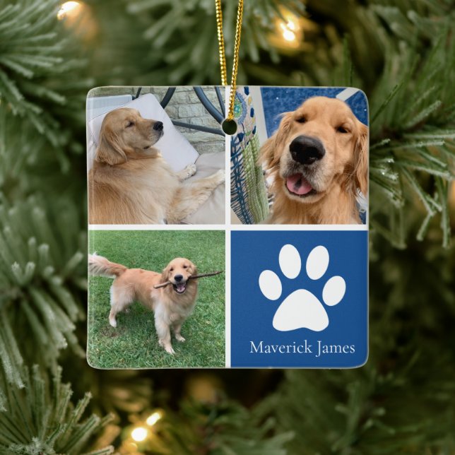 Custom Dog Photo Collage Cute Blue Pet Christmas Ceramic Ornament (Tree)