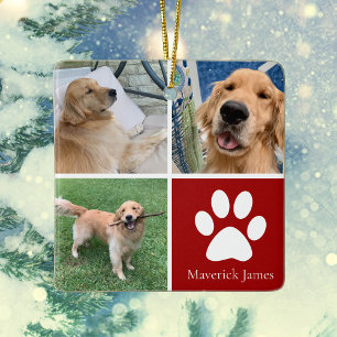 Custom Dog Photo Collage Cute Red Pet Christmas Ceramic Ornament