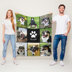 Custom Dog Photo Collage Pet Paw Print Black Fleece Blanket