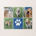 Custom Dog Photo Collage Pet Paw Print Cute Blue Jigsaw Puzzle<br><div class="desc">This beautiful custom dog photo collage puzzle is personalised with adorable pictures of your sweet pup. Customise this chic gift with your favourite 5 pet photographs around a cute blue square with a pretty white paw print and your dog's name in the centre.</div>