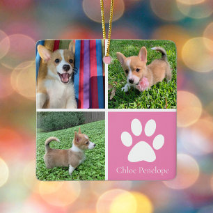 Custom Dog Photo Collage Pretty Pink Double Sided Ceramic Ornament