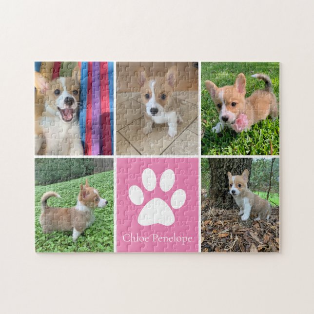Custom Dog Photo Collage Pretty Pink Pet Paw Print Jigsaw Puzzle (Horizontal)