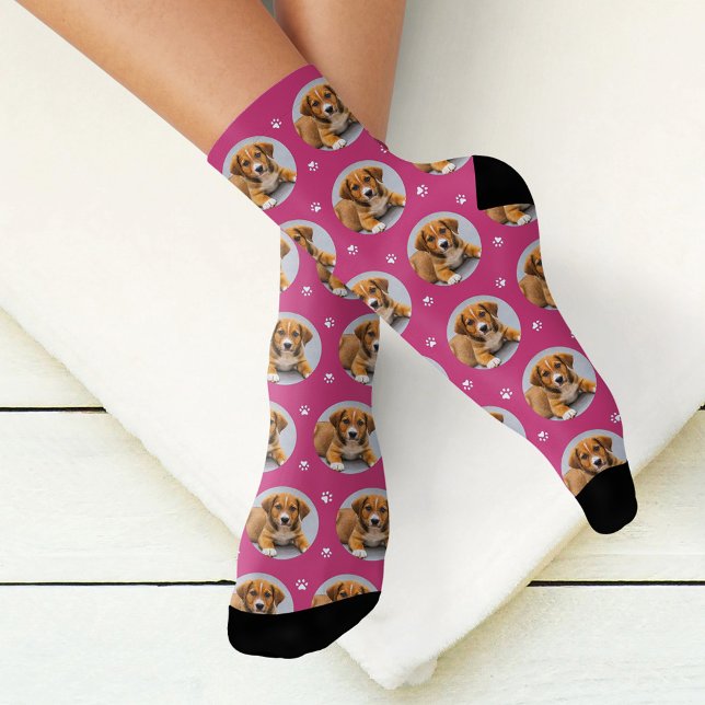 Custom Dog Photo Magenta Pink Paw Print Socks (Creator Uploaded)