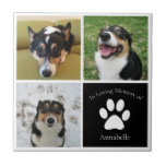 Custom Dog Photo Memorial In Loving Memory Pet Tile<br><div class="desc">This beautiful custom dog photo memorial tile is personalised with adorable pictures and memories of your sweet pup. Customise this thoughtful condolence present with your own custom pet photographs next to a black square with a pretty white paw print and your dog's name to express your sympathy. A classy remembrance...</div>