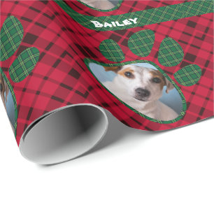 Custom Dog Photo & Name, Green Buffalo Pet Paw Wrapping Paper