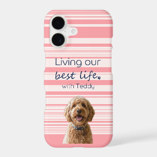Custom Dog Photo Name Muted Pink Stripes Paw