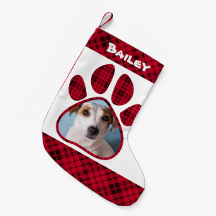 Custom Dog Photo & Name, Pet Paw Red Buffalo Small Christmas Stocking