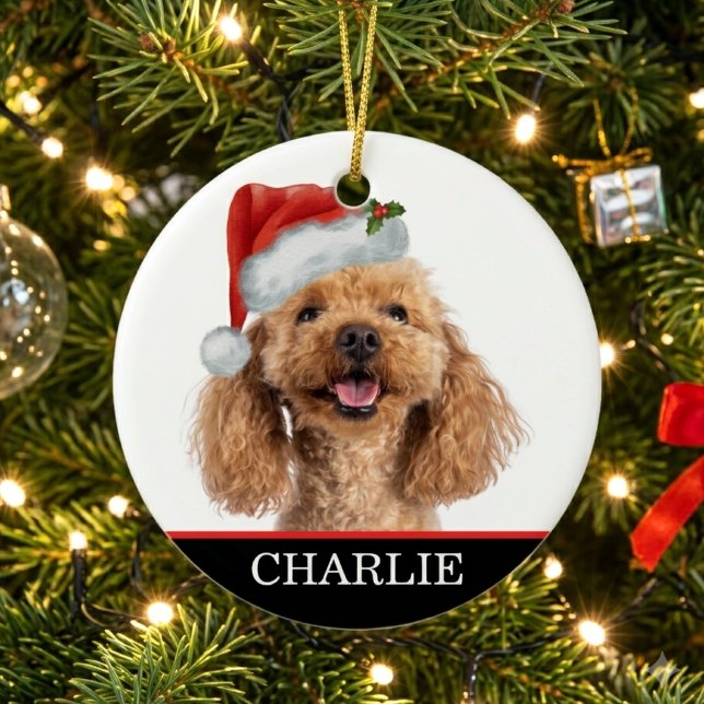 Custom Dog Photo Pet Christmas Hat Ceramic Tree Decoration (custom santa hat pet photo 1)