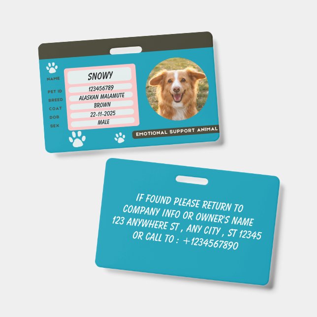 Custom Dog Photo Pet ID Card Badge (Front & Back)
