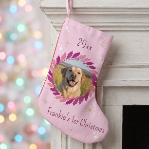 Custom Dog Photo Pink Wreath Sparkle Pet Name Small Christmas Stocking