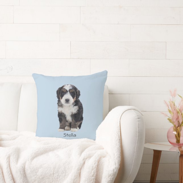 Custom Dog Photo – Powder Blue with Pet Name -  Cushion (Couch)