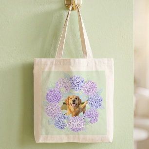 Custom Dog Photo Purple Hydrangea Wreath Tote Bag