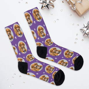 Custom Dog Photo Purple Paw Print Socks
