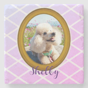 Custom Dog Photo Purple Plaid Pet Memorial Gift Stone Coaster