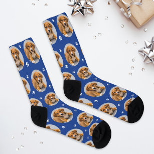 Custom Dog Photo Royal Blue Paw Print Socks